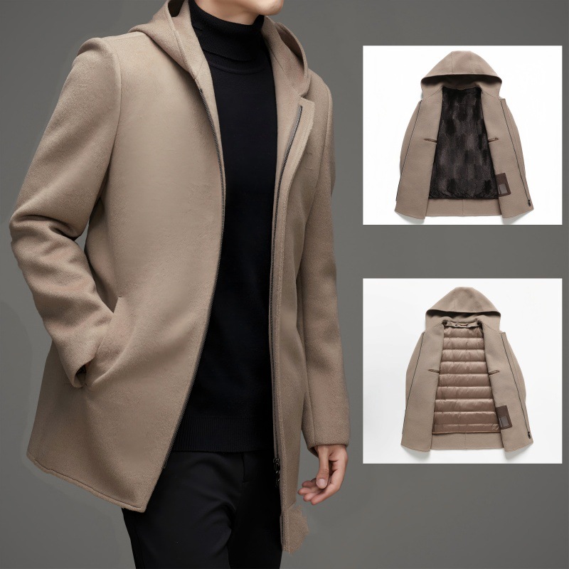 伦巴宝利娇连帽中老年爸爸老钱风大衣男装冬季男士毛呢子风衣外套