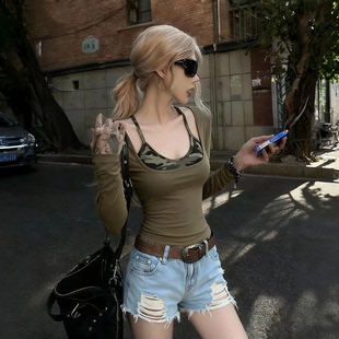 辣妹显瘦上衣26013 T恤2026春季 美式 复古撞色假两件U领吊带长袖