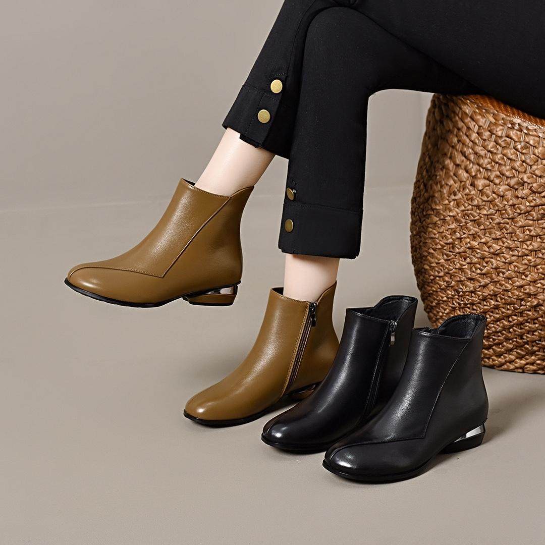 低跟真皮短靴女2024新款秋冬季粗跟软皮软底妈妈女靴圆头加绒棉靴,女鞋,时装靴,淘宝优惠券,粉丝福利购,淘宝优惠卷