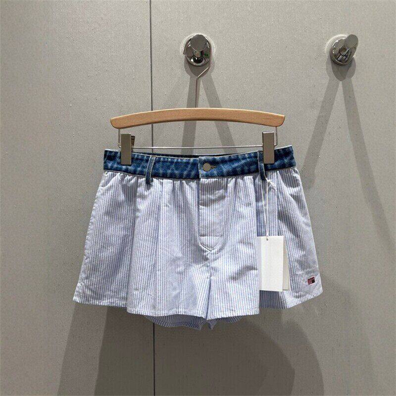 拼接牛仔腰头竖条纹休闲阔腿短裤