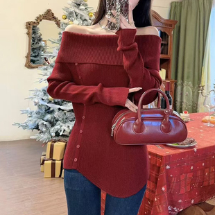 独特超好看纯欲一字领设计针织打底衫女秋冬安迪绒加厚长袖毛衣潮