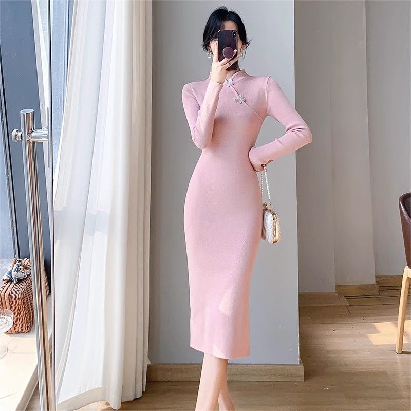 黑色针织连衣裙女端庄新中式长裙