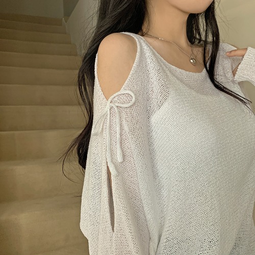 韩国chic夏季系带镂空露肩宽松透视薄款防晒针织衫套头罩衫上衣女