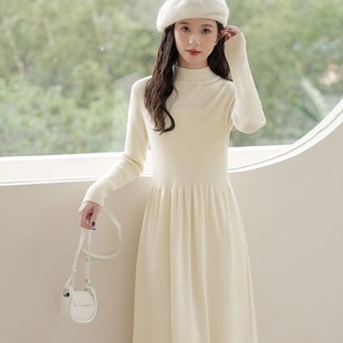 法式 半高领过膝羊绒毛衣裙 小个子内搭针织连衣裙加厚配大衣秋冬季