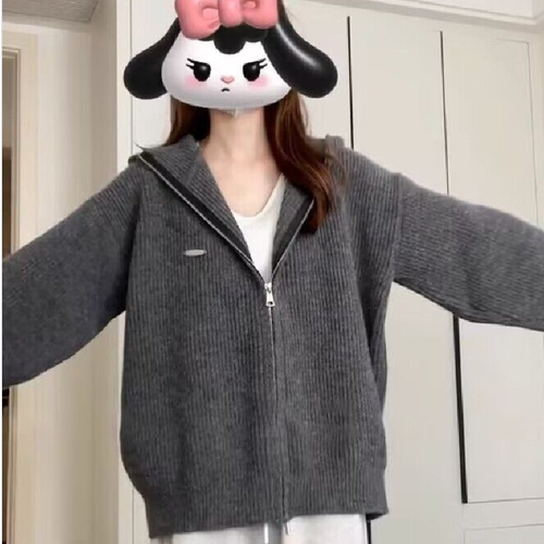 早春连帽毛衣开衫女复古宽松