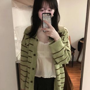 柔软外套 针织毛衣显白 香香family 绿棕条纹翻领开衫