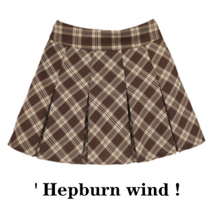 美式 复古辣妹咖色格子百褶裙女秋冬高腰显瘦A字裙百搭半身裙短裙