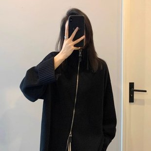 香香family黑色双拉链毛衣外套女2025春款 慵懒风宽松针织开衫