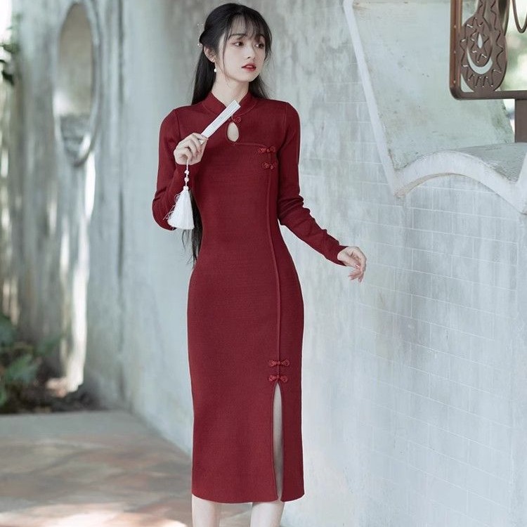 复古改良版酒红色旗袍针织连衣裙