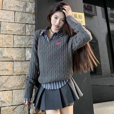 复古V领麻花显瘦女针织衫冬款