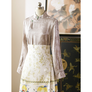 此中新中式美学定制 国风复古斜襟盘扣立领T 柔顺缎面长袖上衣女