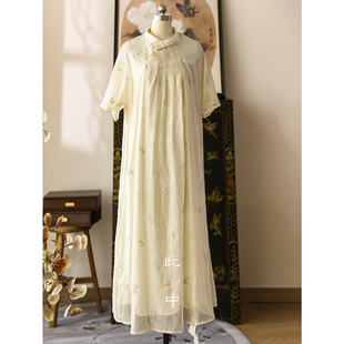 此中新中式美学定制 国风绣花丝麻气质连衣裙轻盈感刺绣中长裙女