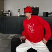 红色卫衣男加绒加厚冬季 XMOB 美式 宽松圆领套头上衣外套百搭潮流