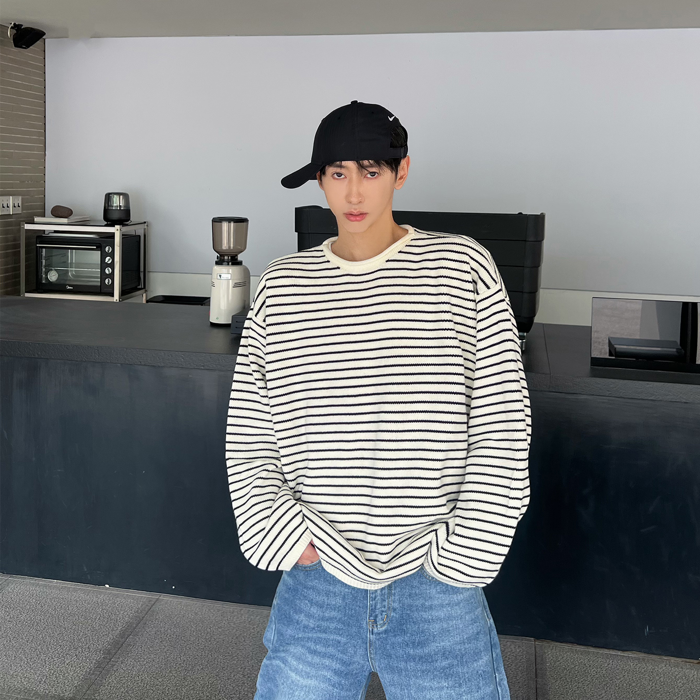 XMOB韩版条纹圆领套头针织毛衣