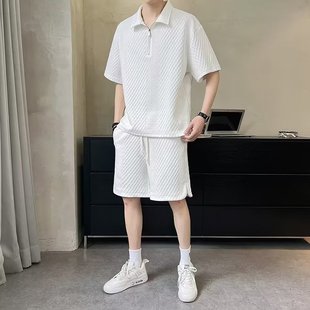 大碼 一套 男士 恒源祥華夫格美式 夏季 短袖 休閑運(yùn)動(dòng)套裝 帥氣潮流短褲