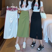 恒源祥夏季大码胖mm中长款半身裙女高腰不规则褶皱开叉A字裙包臀
