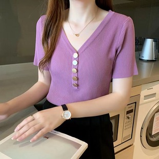 韩版 t恤女修身 恒源祥新款 v领短袖 上衣女 冰丝纯色针织衫 内搭打底衫