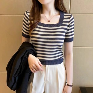 恒源祥冰爽圆领丝条纹针织短袖 tins潮上衣 方领修身 T恤女夏薄款