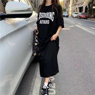 过膝 恒源祥港风夏季 短袖 T恤裙女韩版 宽松显瘦圆领字母印花中长款