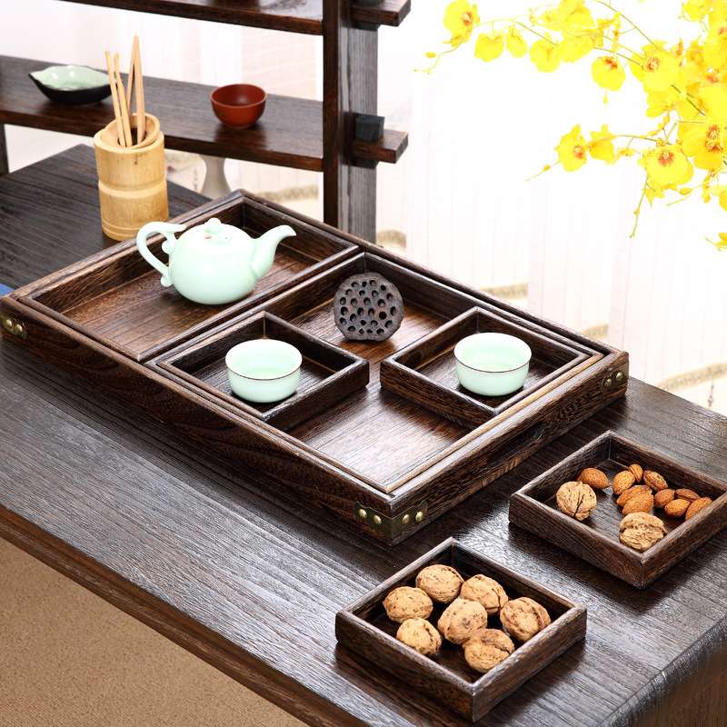 北欧轻奢围炉煮茶木质茶菜托盘实木复古烧桐木茶具盘子七件套托盘