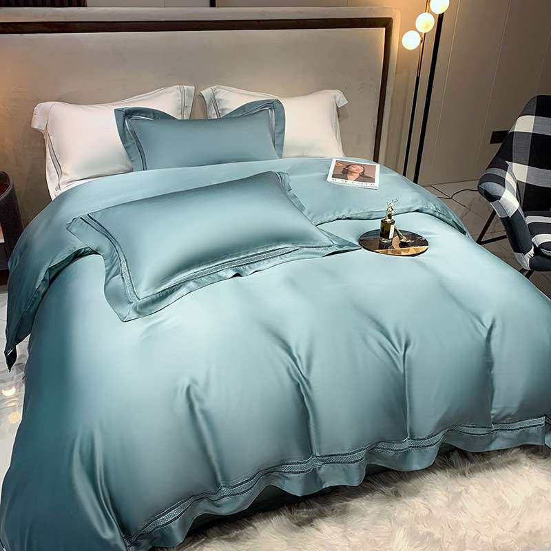 新款100支兰精天丝镂空边四件套简约纯色被套床单套件