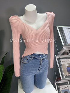DAISYJING2025新款V领交叉泡泡袖短款修身百搭针织衫打底上衣女潮