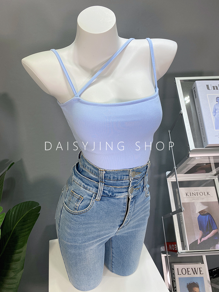 DAISYJING2025新款自制百搭斜肩吊带可拆卸胸垫短款背心T恤内搭女