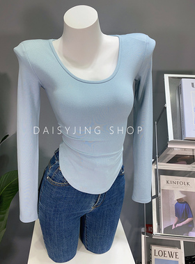 DAISYJING2025新款方领收身显瘦弹力T恤百搭垫肩不规则上衣打底女