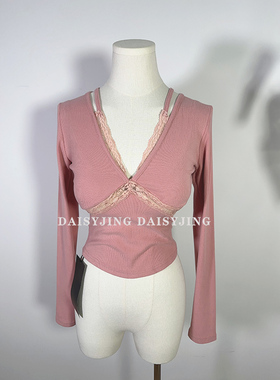 DAISYJING2025新款蕾丝拼接性感镂空短款磨毛V领T恤打底衫上衣女