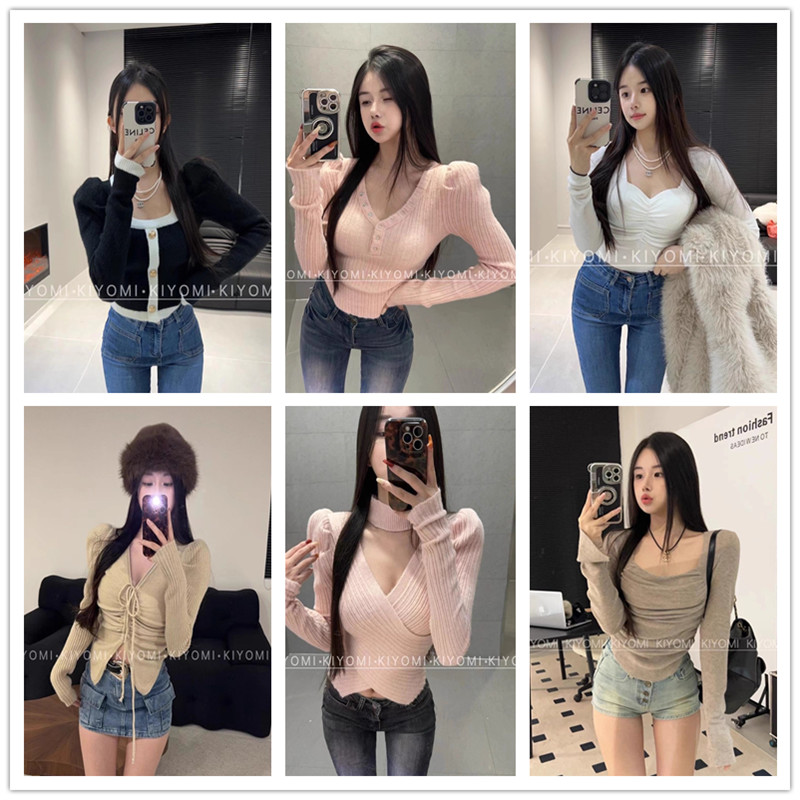 福袋33 韩版百搭修身显瘦长袖短款针织衫打底上衣女