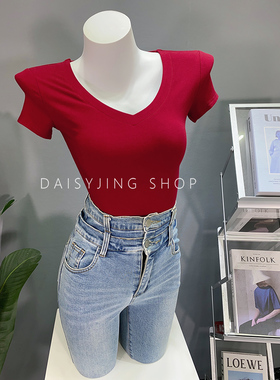 DAISYJING2025自制新款性感显胸修身V领百搭短袖T恤上衣打底衫女