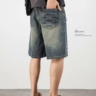 青年休闲马裤 日系牛仔短裤 潮流百搭帅气中裤 破洞宽松五分裤 男夏季