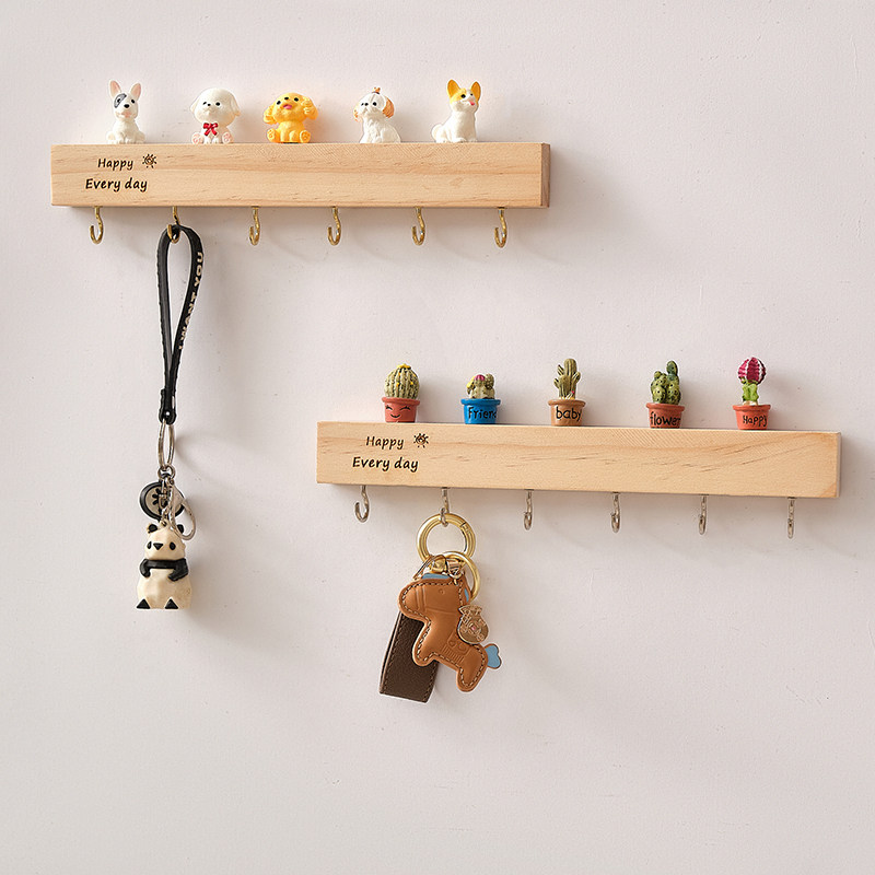 玄关壁挂式钥匙收纳架实木免打孔入户墙上钥匙挂钩门口创意装饰架
