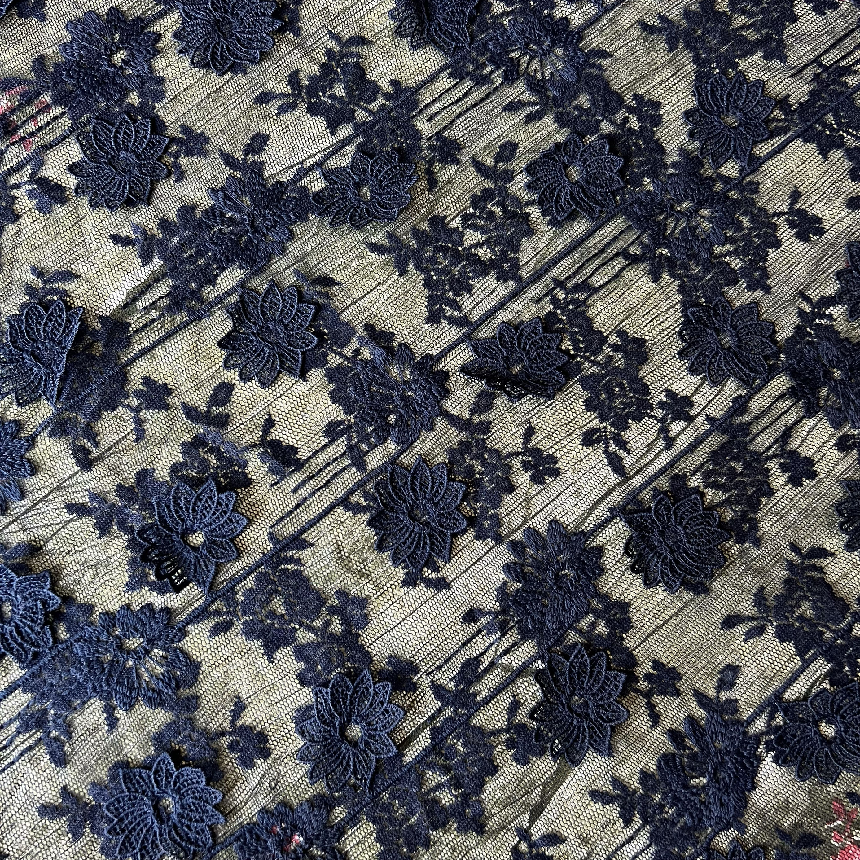 新款藏青色立体花朵微弹蕾丝布料夏季高档旗袍连衣裙服装面料