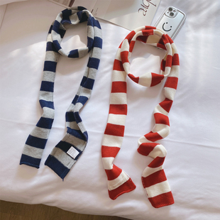 春秋冬凹造型穿搭黑白条纹窄长条针织毛线小围巾加长细窄飘带领巾