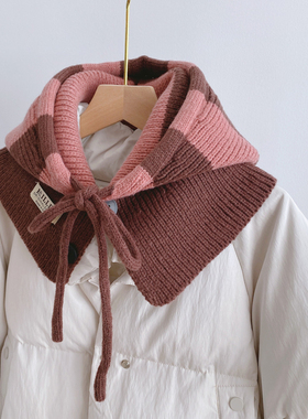 秋冬保暖护耳肩颈针织毛线条纹围巾一体帽子穿搭造型法克帽假领帽