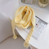 饰蝴蝶结毛球领巾围脖 大衣装 马卡龙冬季 纯色针织窄长条保暖围巾