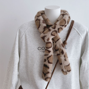 韩版 豹纹仿兔毛小尾巴毛绒绒小围脖围巾细长条小领巾 百搭基础款