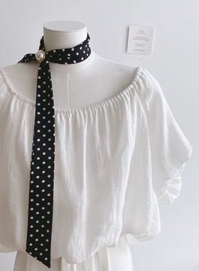 送珍珠扣 小领巾女韩国装饰短款领带丝巾 细窄长条飘带发带发饰