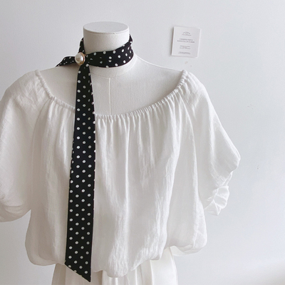 送珍珠扣 小领巾女韩国装饰短款领带丝巾 细窄长条飘带发带发饰