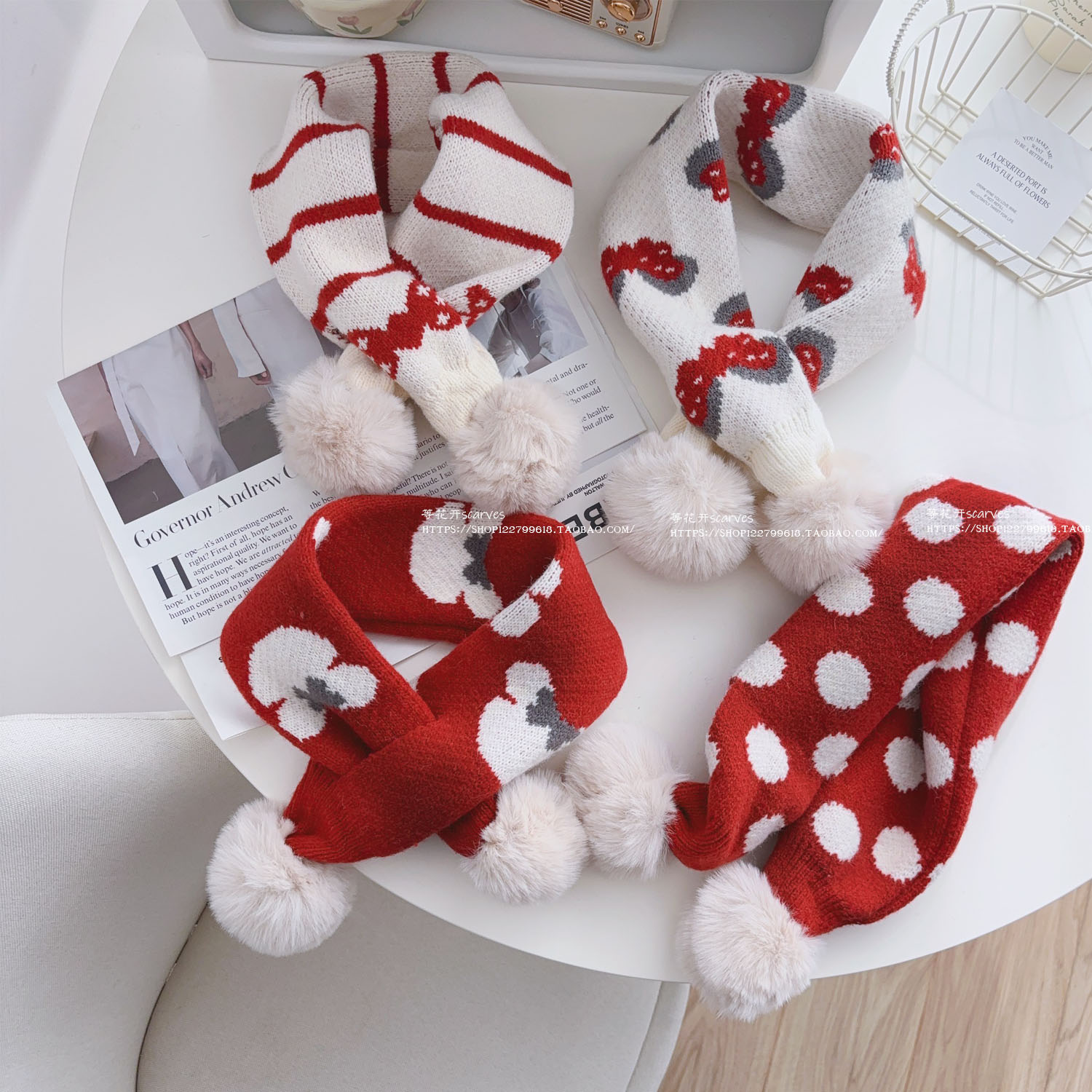 小个子女生冬季氛围感保暖毛球穿孔交叉短款针织毛线围巾围脖新年