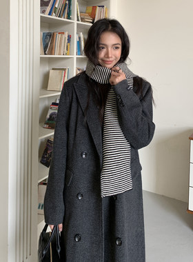 灰色秋冬加厚过膝羊毛呢大衣女
