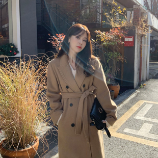 毛呢外套女2023韩版超长宽松赫本风秋冬季驼色加厚学生呢子大衣潮