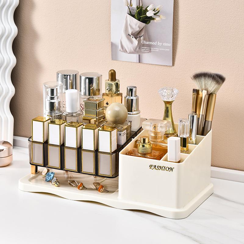 高级感化妆品收纳盒奶油风护肤品收纳梳妆台桌面口红置物架化妆盒