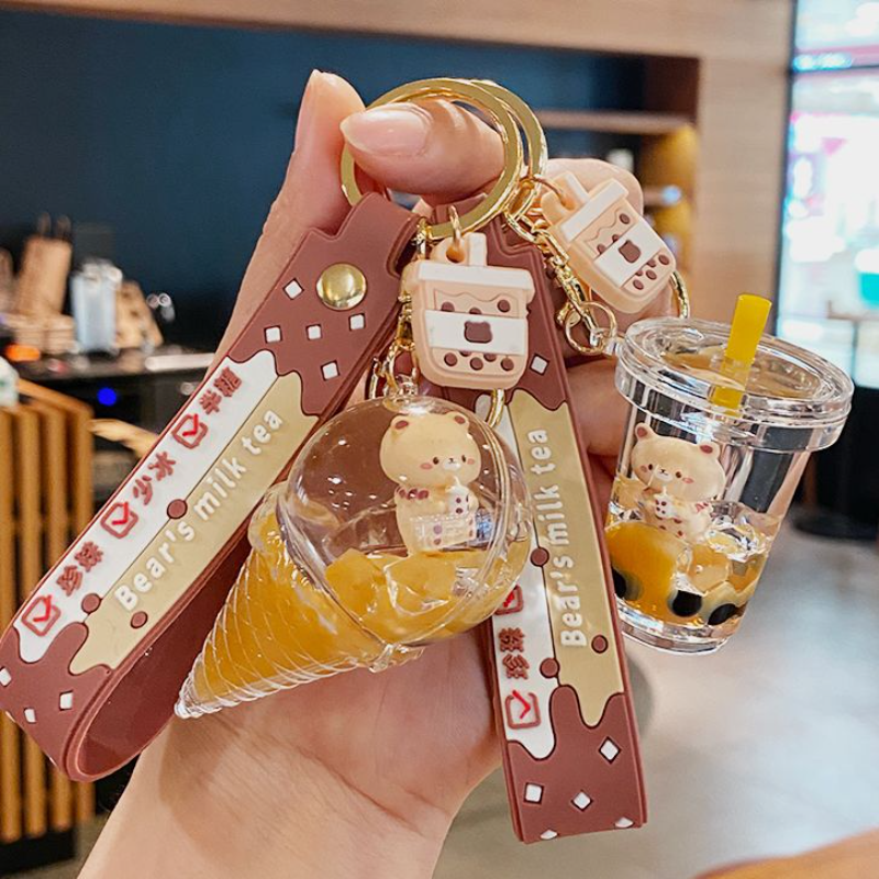 可爱卡通小熊奶茶杯钥匙扣书包挂件情侣汽车钥匙链小礼物