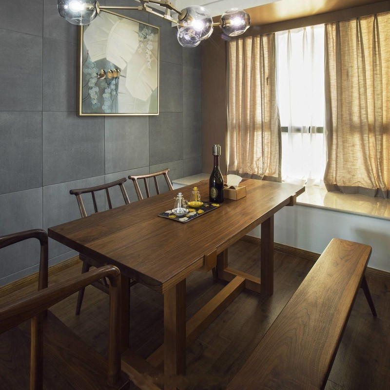 黑胡桃圆餐桌岛台餐桌一体可伸缩家用新中式茶桌禅意实木家具定制