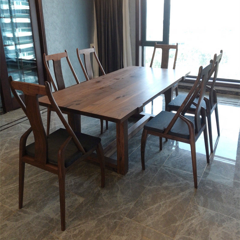 黑胡桃木餐桌loft工业复古饭桌北欧简约长方形实木圆桌客厅大板桌