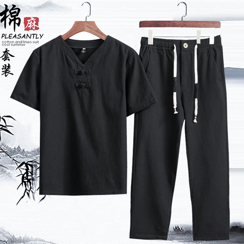 夏天中年男裝棉麻爸爸裝短袖T恤男士夏裝中老年爺爺休閑亞麻套裝在類目 男裝, T恤中 - 來自Buy2taobao.com提供專業的淘寶代購服務