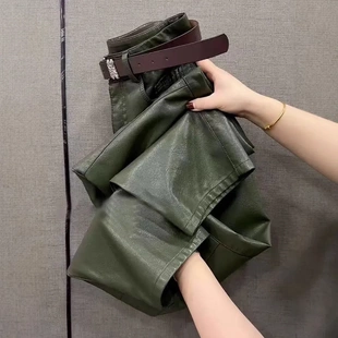 弯刀时髦休闲裤 欧货冬季 女小个子直筒阔腿裤 加厚休闲九分皮裤 新款