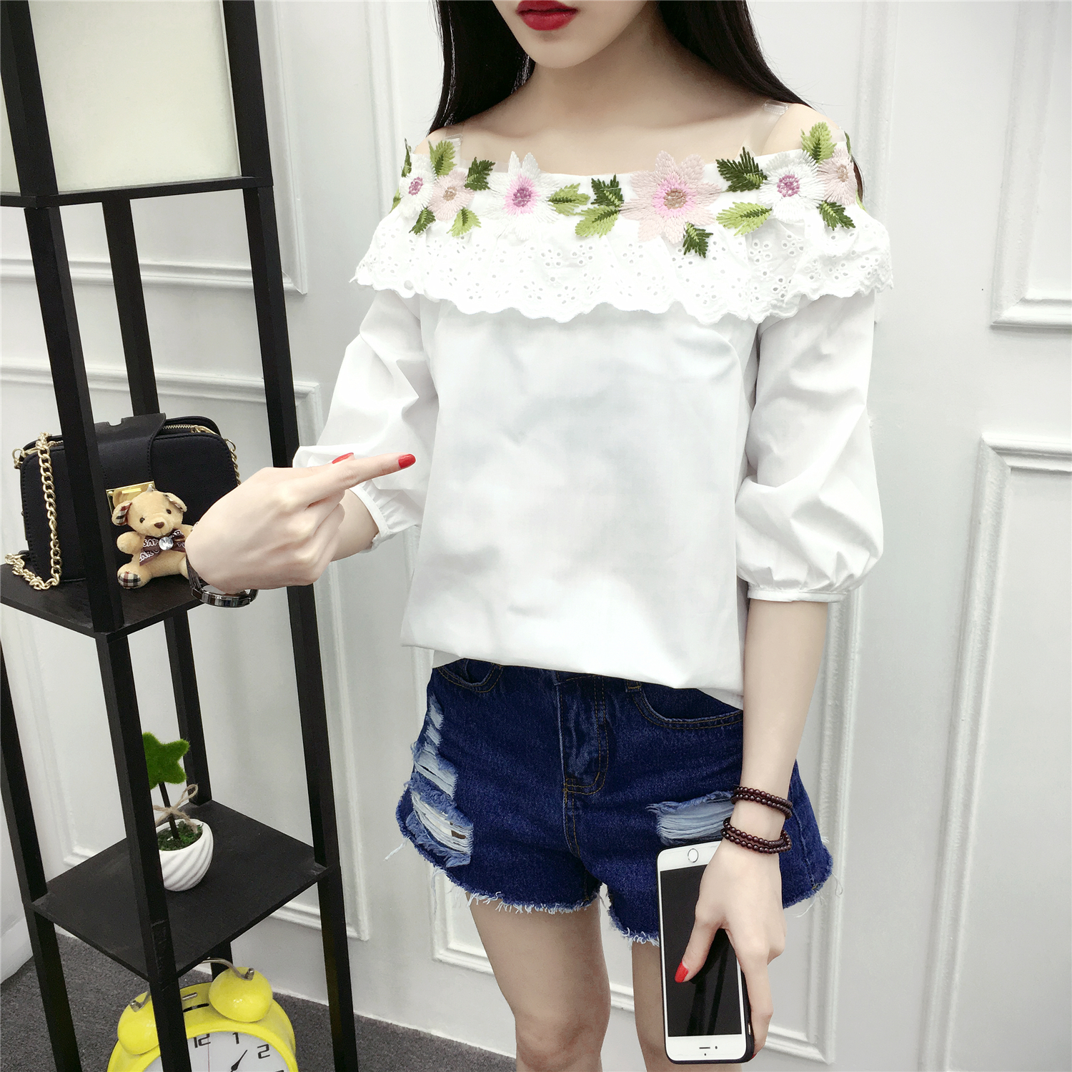 Spring and summer new style women's sweet temperament flower collar off shoulder top women's seven point sleeves show thin lace